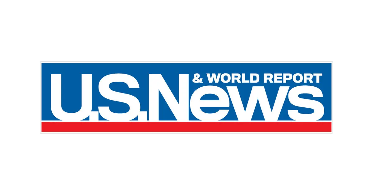 Logo of U.S. News & World Report, featuring blue and red colors with bold white text.