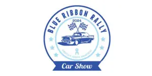 Logo for the 2024 Blue Ribbon Rally Car Show, featuring a classic car and checkered flags. Includes a blue ribbon symbol for prostate cancer awareness.