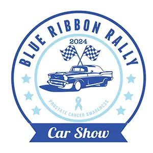 Logo for the Blue Ribbon Rally Car Show 2024, featuring a classic car with checkered flags. Includes a blue ribbon symbol for prostate cancer awareness.