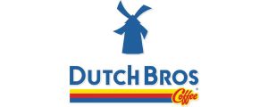Logo of Dutch Bros Coffee featuring a blue windmill above the text DUTCH BROS in blue letters, with Coffee in a red script below, and a horizontal yellow and red stripe between the words.