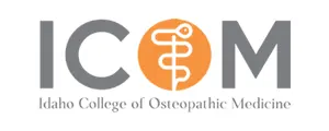 Logo of Idaho College of Osteopathic Medicine featuring the acronym ICOM in large letters. The letter O contains a stylized snake and staff symbol. The full college name is written below the acronym.