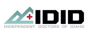 Logo of Independent Doctors of Idaho (IDID) featuring stylized mountain peaks with a red cross, followed by bold letters IDID. Below, in smaller text, it reads Independent Doctors of Idaho.