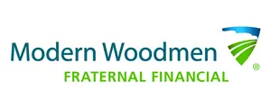 Logo of Modern Woodmen Fraternal Financial featuring the text in blue and green. A stylized, abstract emblem resembling a landscape or a path is on the right.