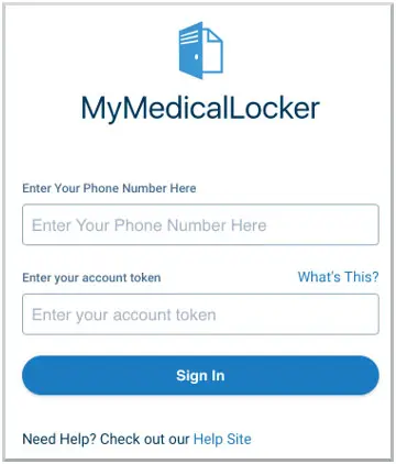 Login page for MyMedicalLocker, showing fields to enter a phone number and account token, with a Sign In button below. Links for Whats This? and Help Site are also present.