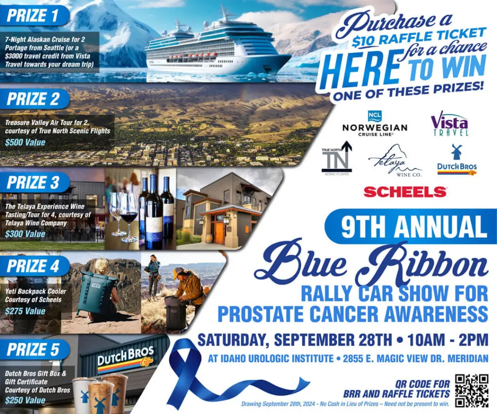 Flyer for the 9th Annual Blue Ribbon Rally Car Show for Prostate Cancer Awareness on Saturday, September 28th, 10 AM-2 PM. Raffle prizes listed, including cruise and winery experiences. Event at Idaho Urologic Institute. QR code and sponsors displayed.