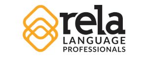 Logo of Rela Language Professionals featuring three interlocking orange diamond shapes on the left and the text rela Language Professionals in black on the right.