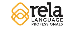 Logo of Rela Language Professionals featuring three interlocking orange diamond shapes on the left and the text rela Language Professionals in black on the right.