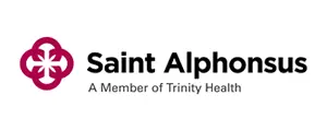 Logo of Saint Alphonsus, featuring a maroon cross-like symbol on the left. The text reads Saint Alphonsus with the tagline A Member of Trinity Health in black next to it.