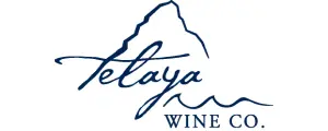 Logo of Telaya Wine Co. featuring stylized text with a mountain outline above and wavy lines below. The text reads Telaya Wine Co. in dark blue.